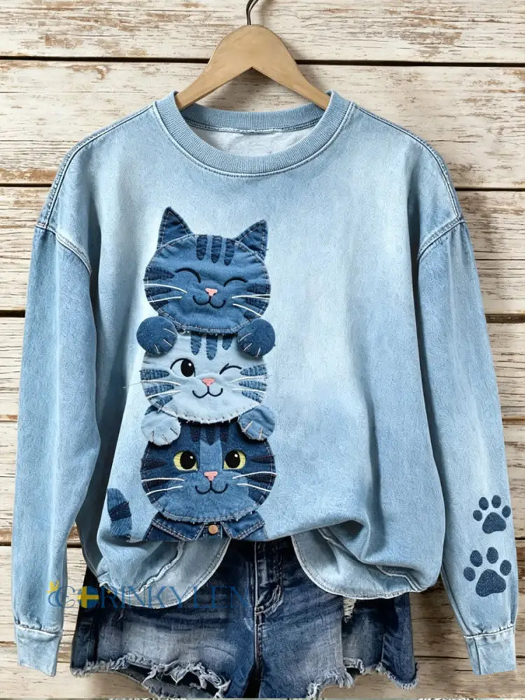 Kvinnor Denim djurkatt Print rund hals långärmade tröj - blå / S