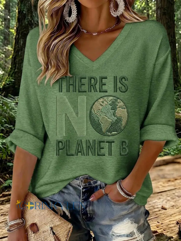 Kvinnor finns ingen planet B tryckt våffel T-shirt - militär grön / S