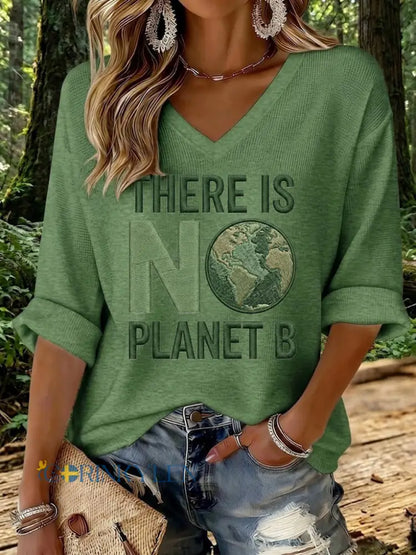 Kvinnor finns ingen planet B tryckt våffel T-shirt - militär grön / S