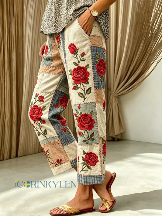 Kvinnor Floral Print bomullskläder nio minuters byxor - som bild / S