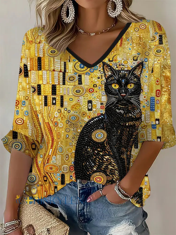 Kvinnor Glitter Svart katt konst våffle T-shirt - som bild / S