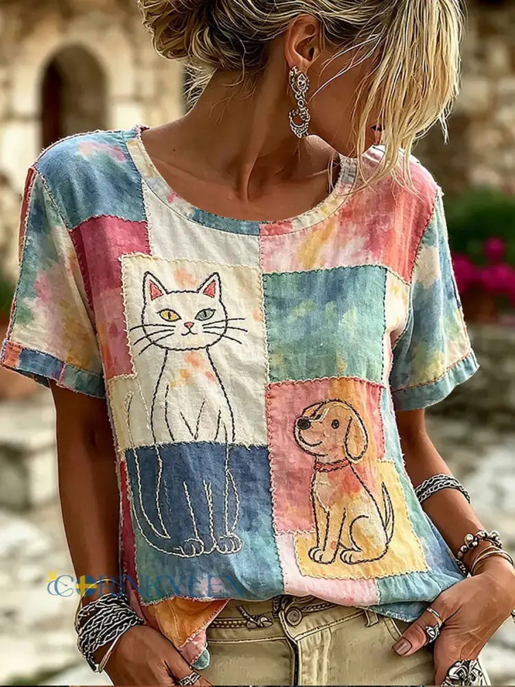 Kvinnor katt Print Casual skjjorta - som bild / S