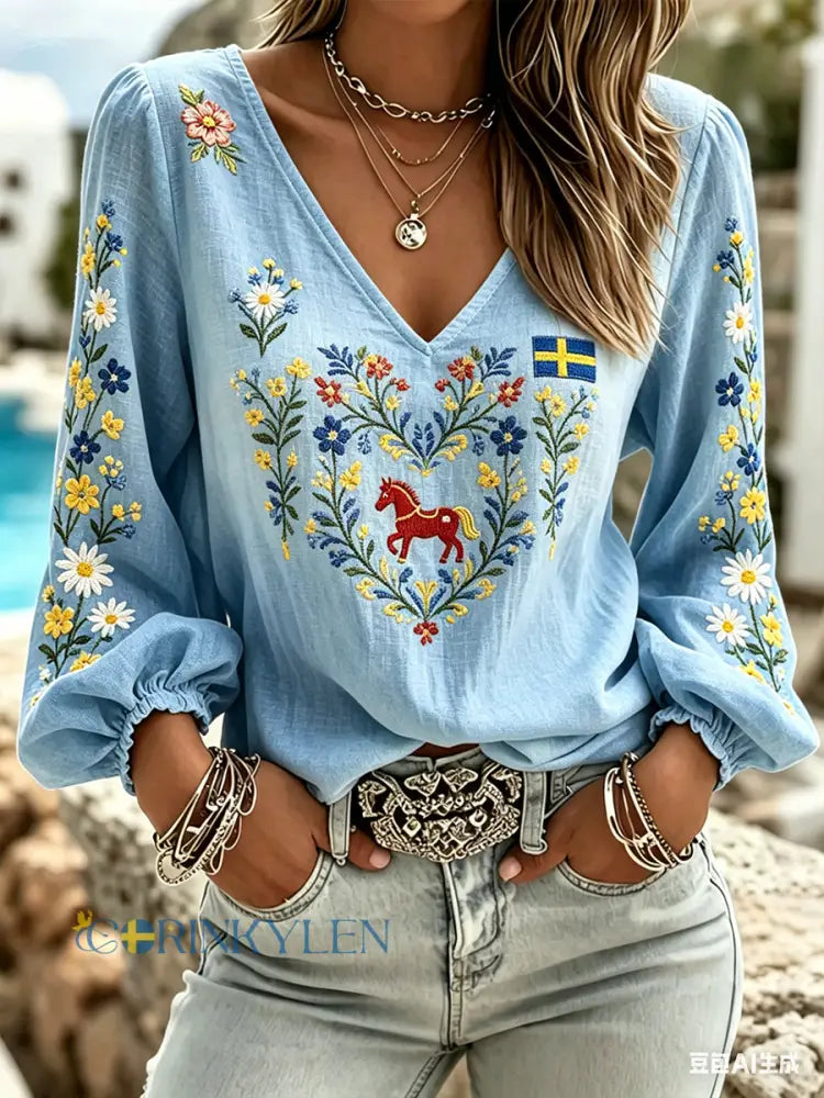 Kvinnor midsommar Floral Gradient V-Hack Topp - A / S