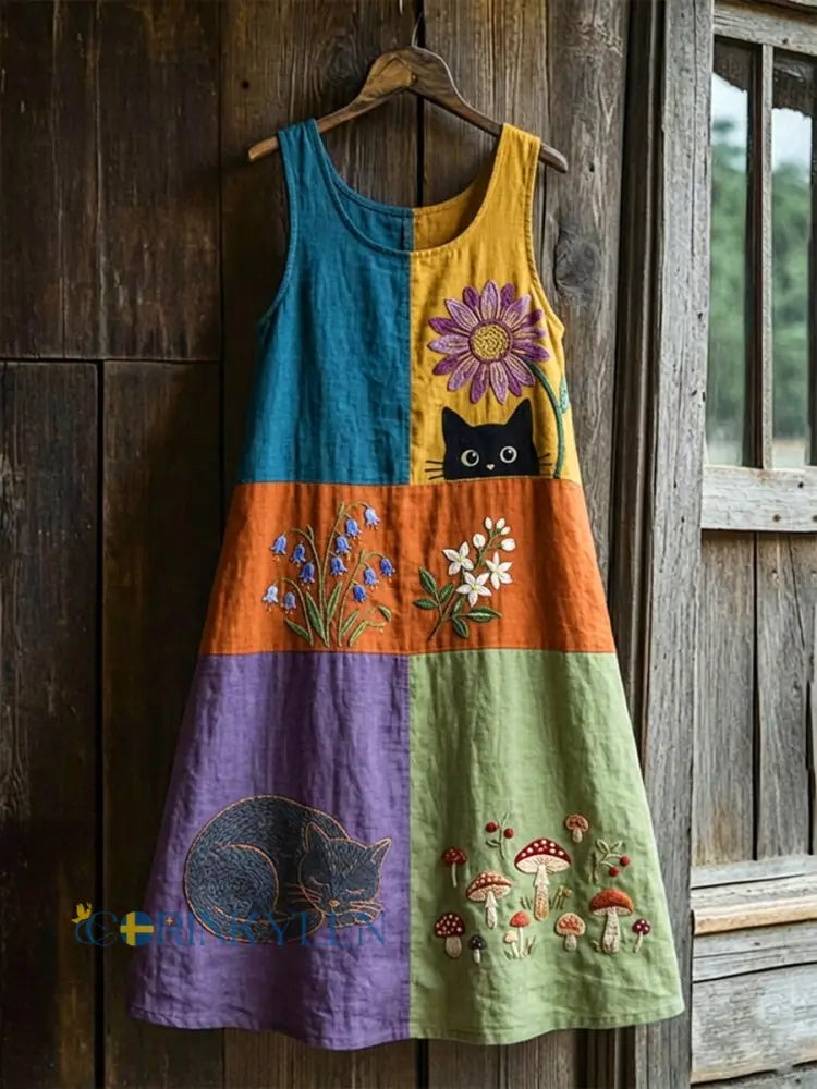 Kvinnor Retro Floral djur ärmlösa Midi Klänning - som bild / S