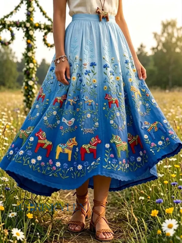 Kvinnor Retro Gradient Romantisk Floral konst Midi Skirt - flerlog / S