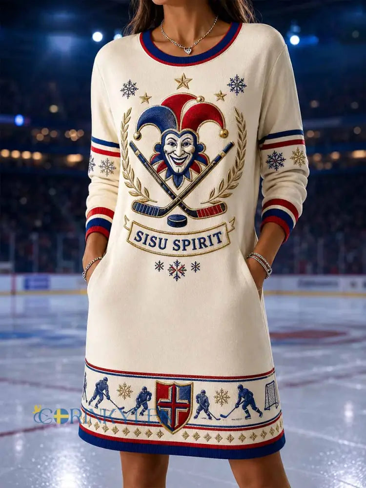 Kvinnor Retro Jokerit Helsingfors Ishockey minne Skriv ut Långärm klänning - som bild / S
