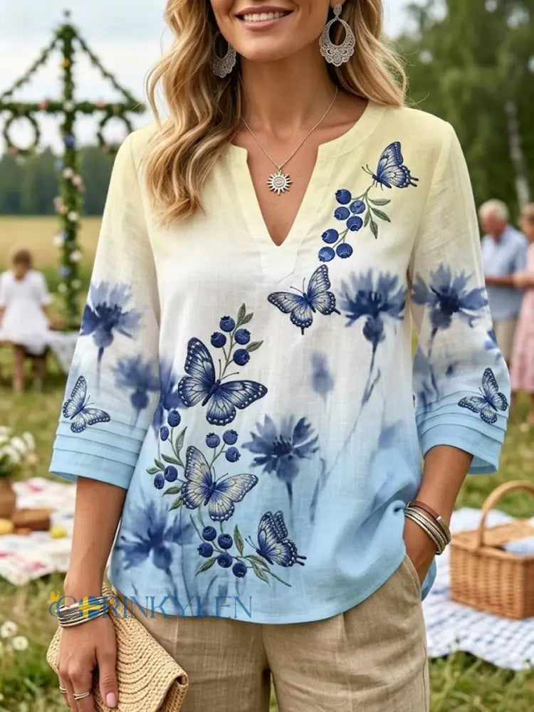 Kvinnor Retro midsommar blåbär fjäril Casual bomull-Linen blusa - flerlog / S