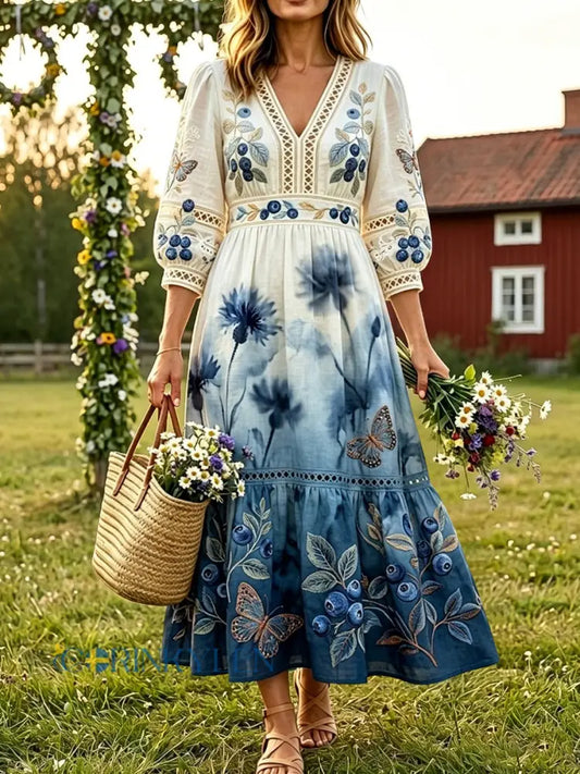 Kvinnor Retro midsommar blåbär fjäril Casual bomull-Linen klänning - flerlog / S