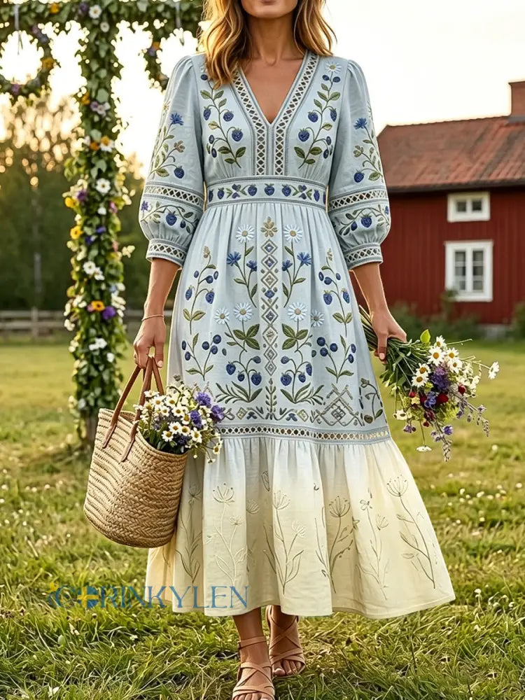 Kvinnor Retro midsommar blåbär gradient bomull-Linen semester klänning - flerlog / S