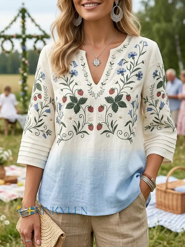 Kvinnor Retro midsommar Floral bomull-Linen blus - flerlog / S
