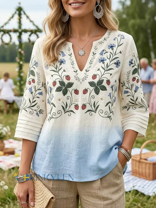 Kvinnor Retro midsommar Floral bomull-Linen blus - flerlog / S