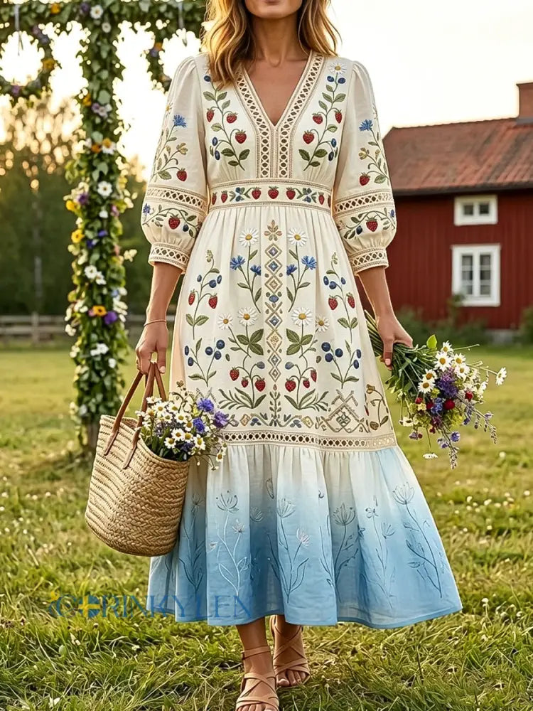 Kvinnor Retro midsommar Floral bomull-Linen semester klänning - flerlog / S