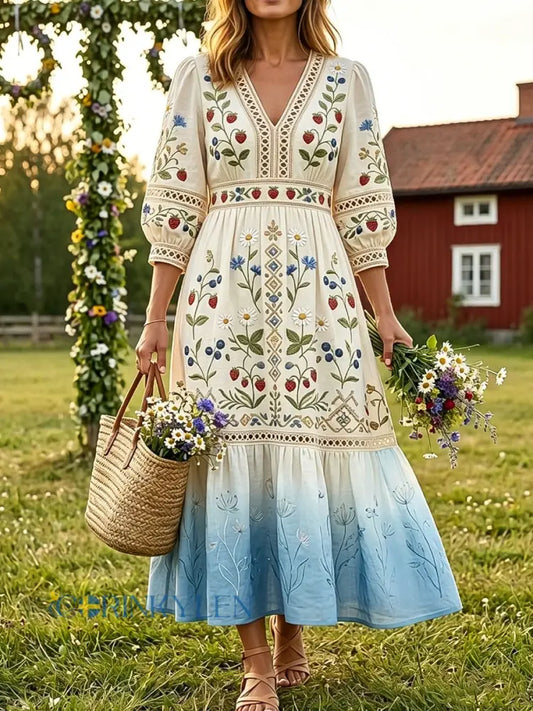 Kvinnor Retro midsommar Floral bomull-Linen semester klänning - flerlog / S