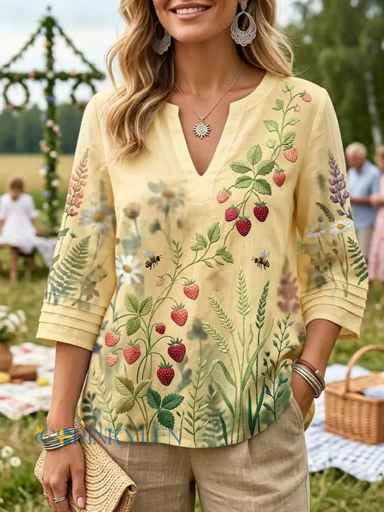 Kvinnor Retro midsommar jordgubb Floral bomull-Linen blus - flerlog / S