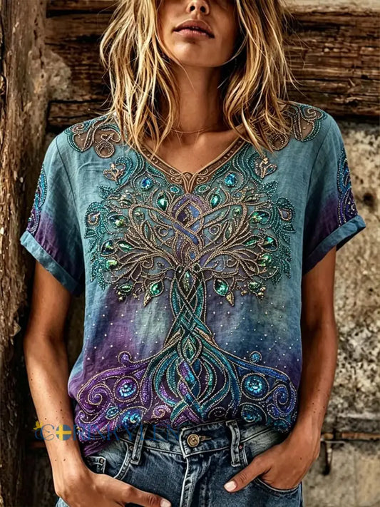 Kvinnor Retro Nordic Mytologi Viking Mönster Bomull-Linen T-shirt - Peacock blå / S
