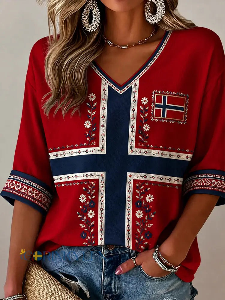 Kvinnor Retro Nordic Style Norwegian Art Print Casual bomull och lin bekväm topp - A / S