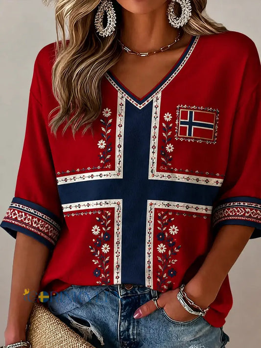 Kvinnor Retro Nordic Style Norwegian Art Print Casual bomull och lin bekväm topp - A / S
