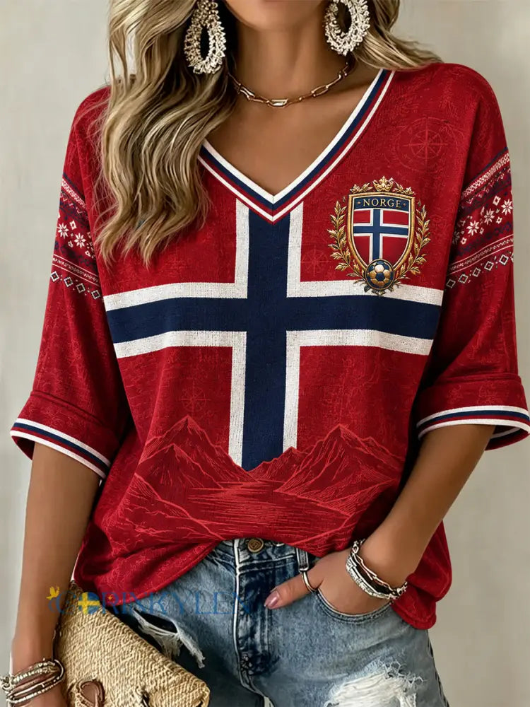 Kvinnor Retro Norge 2026 Fotboll Classic V-Hack T-shirt - som bild / S