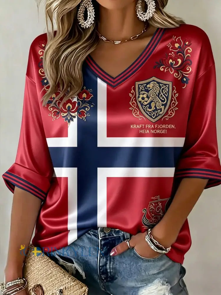 Kvinnor Retro Norge 2026 Fotboll fläkt Casual V-hals T-shirt - som bild / S