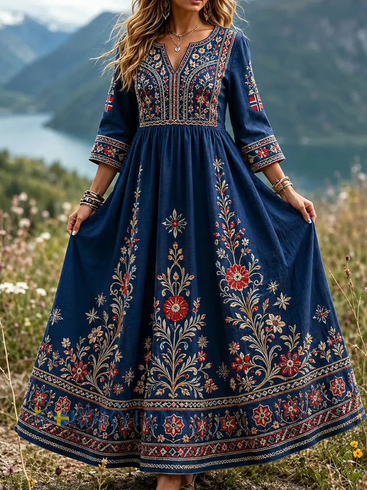 Kvinnor Retro Scandinavian-stil bomull-Linen klänning med norsk konst Print - A / S