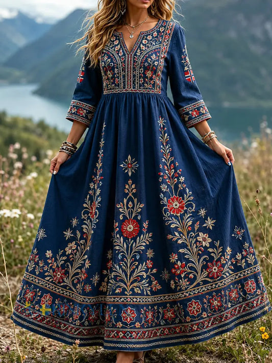 Kvinnor Retro Scandinavian-stil bomull-Linen klänning med norsk konst Print - A / S