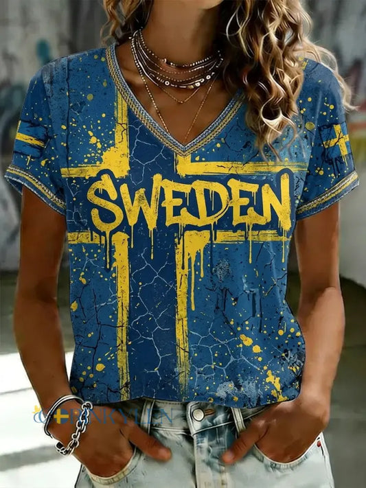 Kvinnor Retro Svensk fotbollskärl 2026 Skriv ut kortärm T-shirt - blå / S