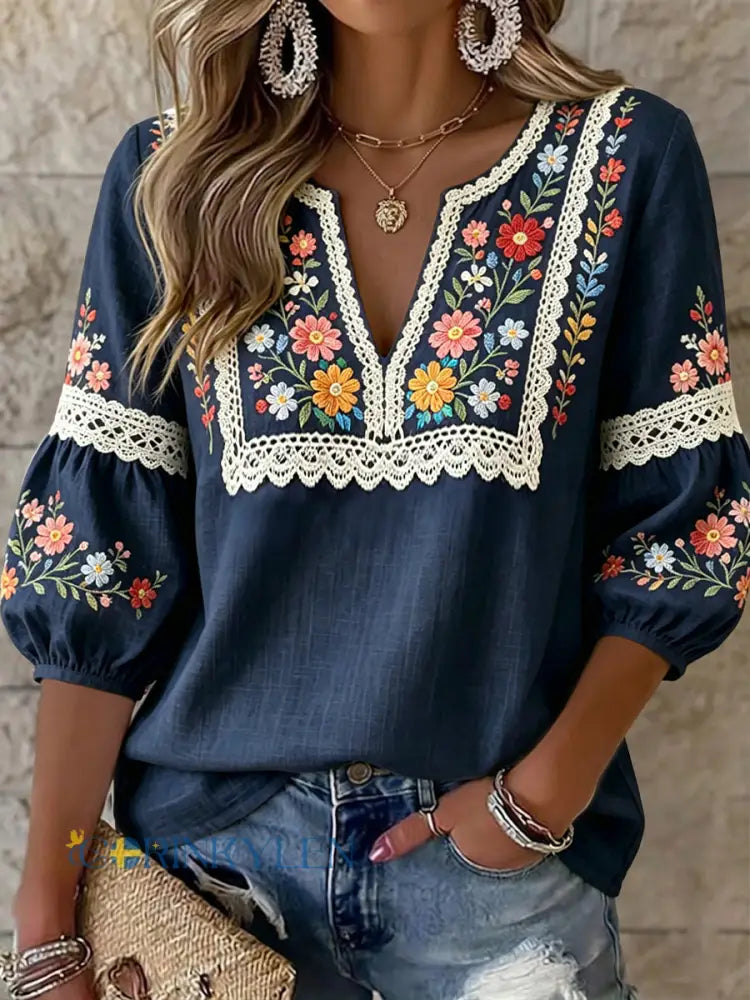 Kvinnor Retro Svenska färgglada midsommar Floral Art V-Hack Topp - flerlog / S