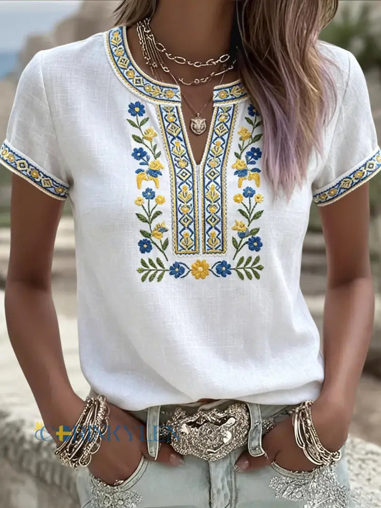 Kvinnor Retro Svenska midsommar Floral V-Hack T-shirt - flerlog / S