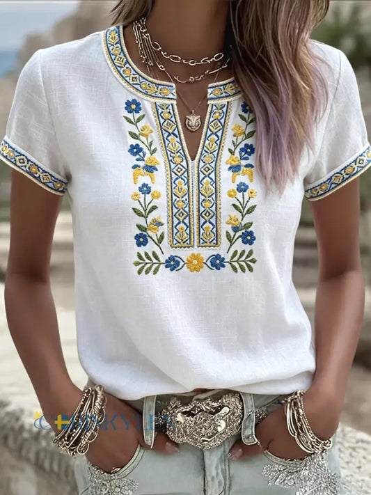 Kvinnor Retro Svenska midsommar Floral V-Hack T-shirt - flerlog / S