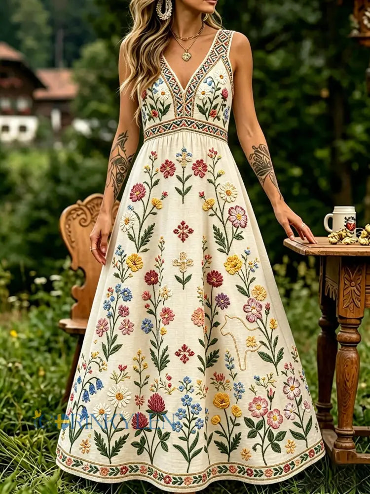 Kvinnor Retro Svenska midsommar Folk Floral Bomull-Linen Klänning - Aprikot / S