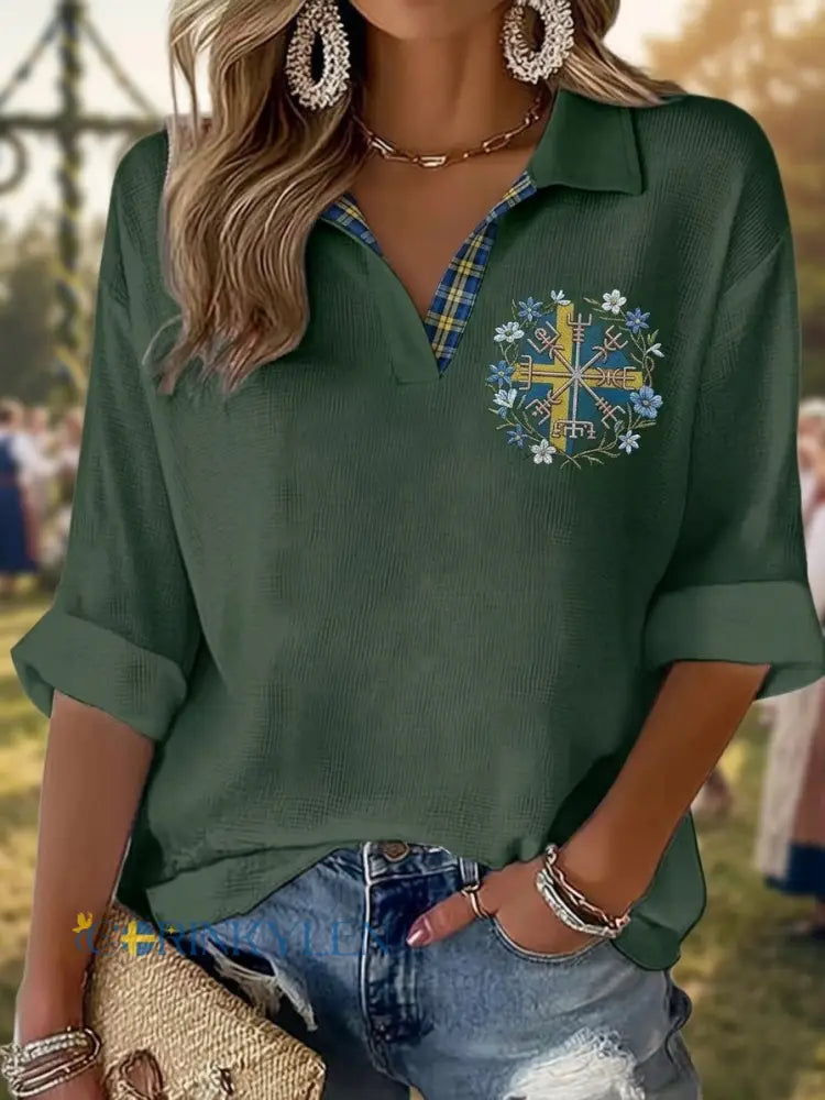 Kvinnor Retro Svenska midsommar Folk Floral V-hals Topp - grönt / S