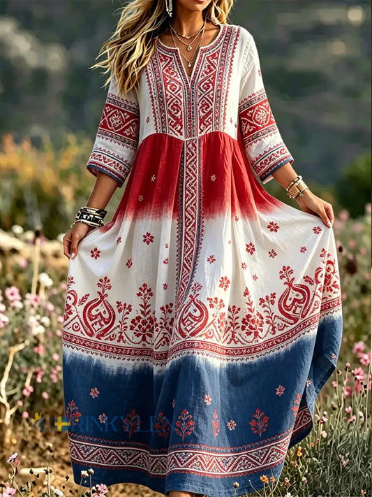 Kvinnor Retro Viking Floral Print Casual Klänning - A / S