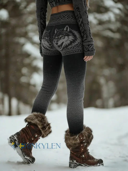 Kvinnor Retro Viking Wolf Gradient Sport Stretch Leggings - mörk grå / S