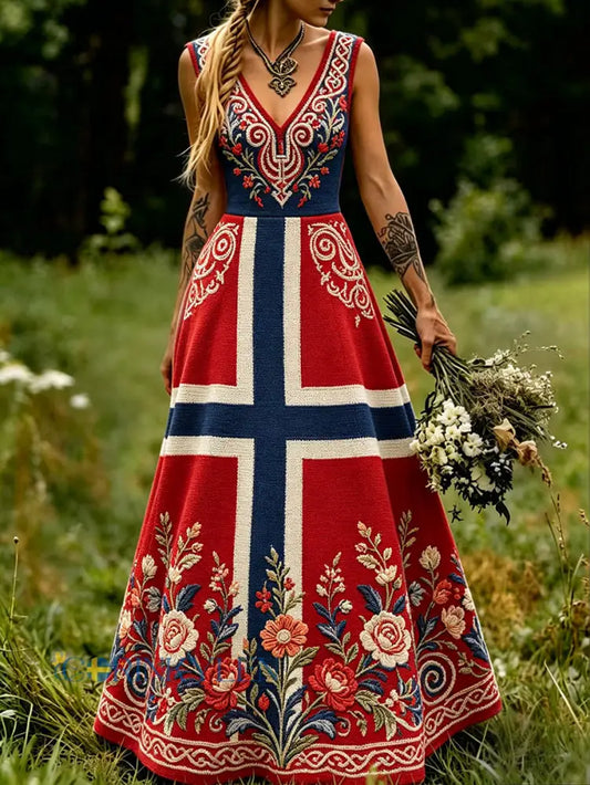 Kvinnor Scandinavia Style Nordic Floral Viking Konst Tryckt klänning - som bild / S