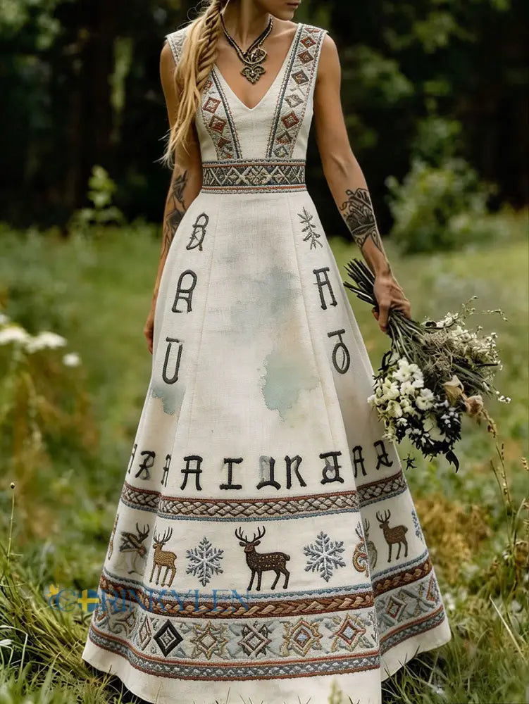 Kvinnor Skandinavien Nordic Style Floral konst Tryckt klänning - som bild / S