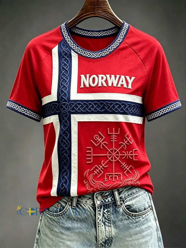 Kvinnor Viking Vegvisir Celtic Print Rund hals Kort ärm T-shirta - röd / S