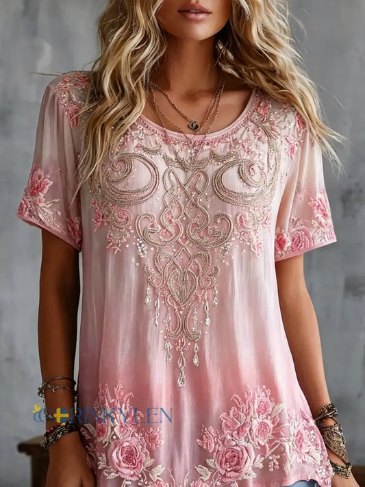 Kvinnor Vintage keltisk knop Floral Art Print Lin Short-T-shirt - runk / S