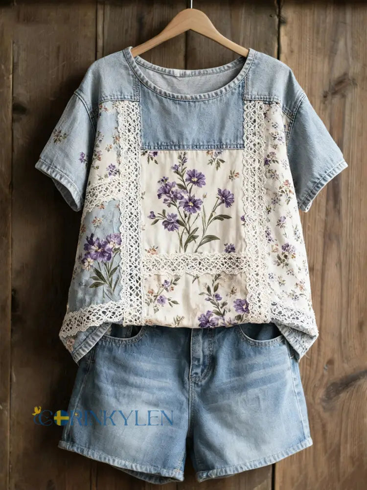 Kvinnor violett blomster Casual T-shirt - som bild / S