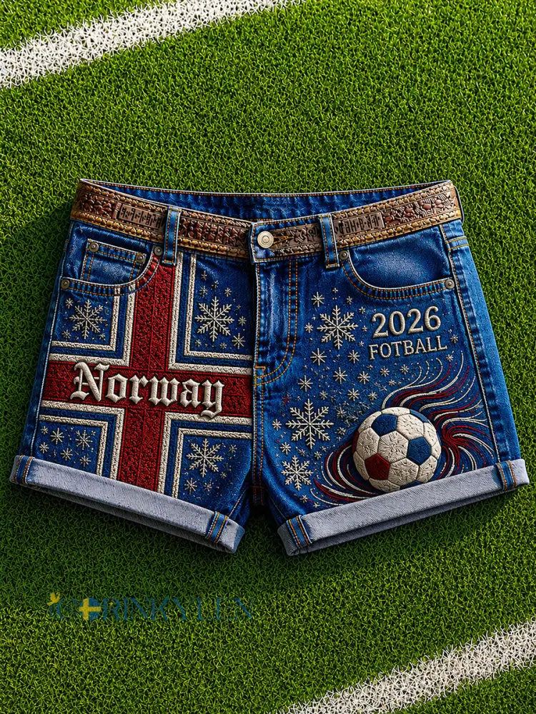 Kvinnors 2026 Norge fotboll Print Casual Shorts - som bild / S
