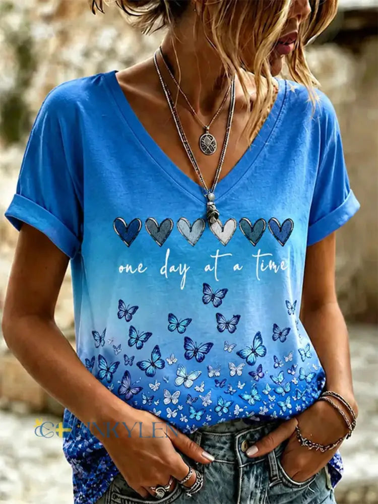 Kvinnors Alzheimers medvetenhet Stöd Skriv ut V-Neck Tee - blå / S