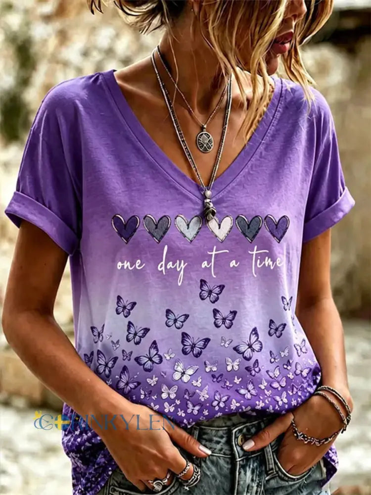 Kvinnors Alzheimers medvetenhet Stöd Skriv ut V-Neck Tee - mörk / S