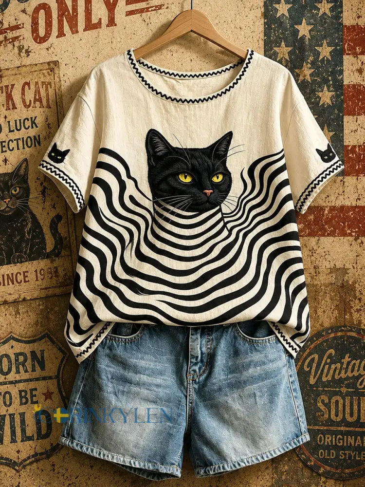 Kvinnors amerikanska Retro Geometrisk Black Cat Tops - Aprikot / S