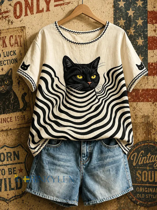 Kvinnors amerikanska Retro Geometrisk Black Cat Tops - Aprikot / S