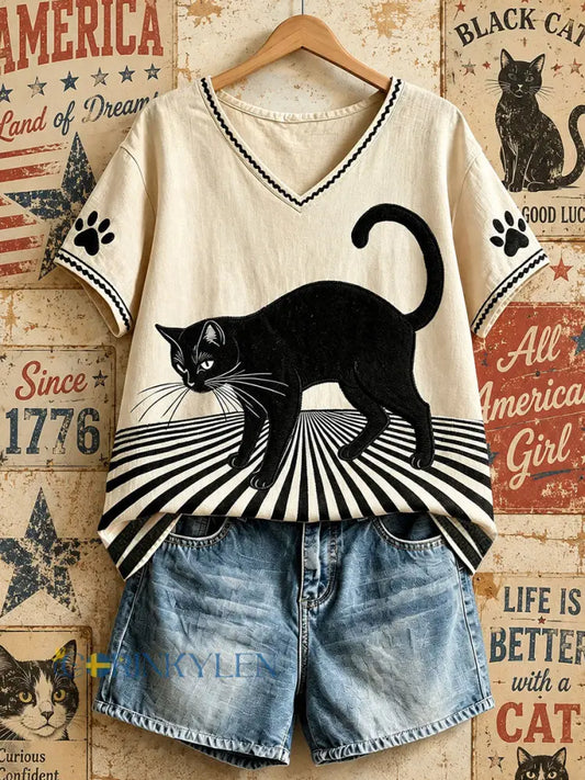 Kvinnors amerikanska Vintage svart katt V-hals topp - Aprikot / S