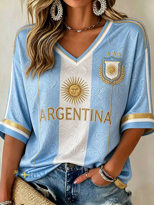 Kvinnors Argentina Fotboll Mitt-längd ärmar V-hals T-shirt - ljusblåa / S