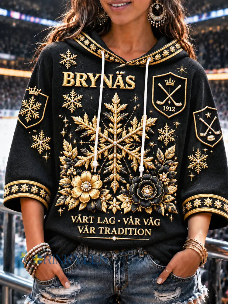 Kvinnors Black Brynäs IF Svensk ishockey Tryckt Casual Hooded Sweatshirt - svart / S