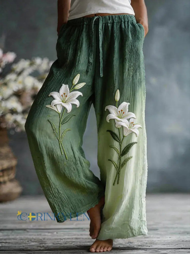 Kvinnors blommande lilje mönster Lin blandning byxor - grönt / S