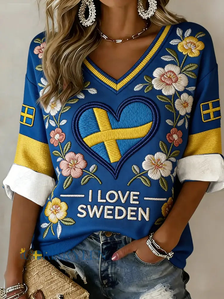 Kvinnors blomster och hjärta broderade V-hals topp - A / S