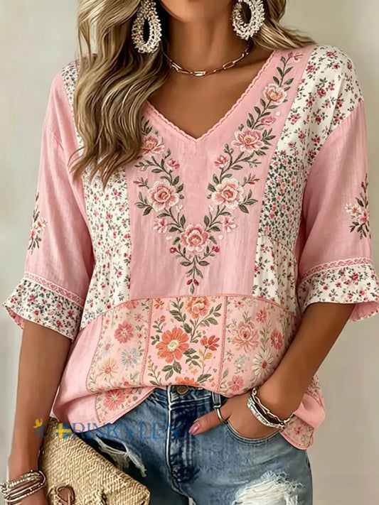 Kvinnors blomster Print Mid-längd ärmar V-hals T-shirt - runk / S