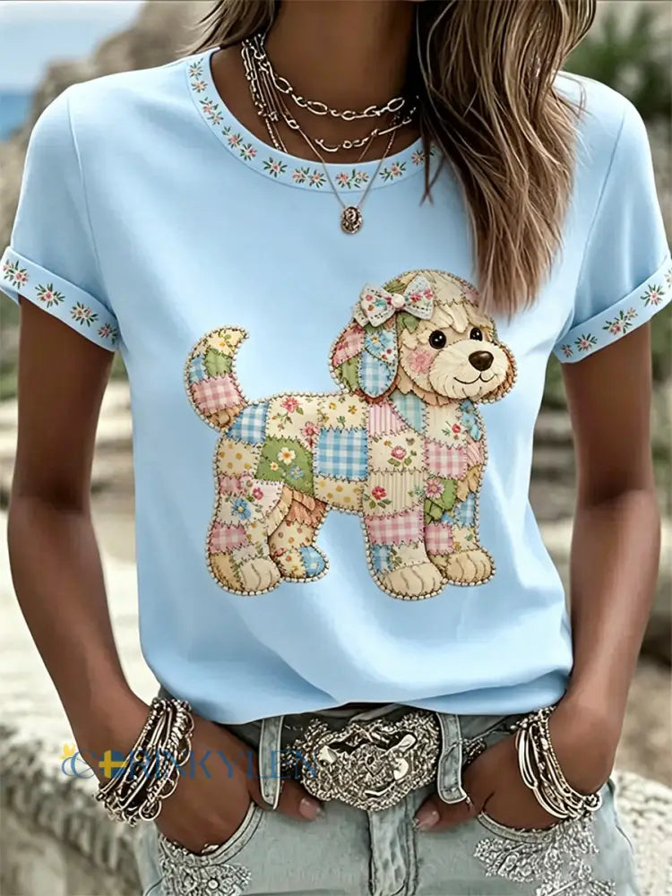 Kvinnors blomsterhund Print Casual Tee